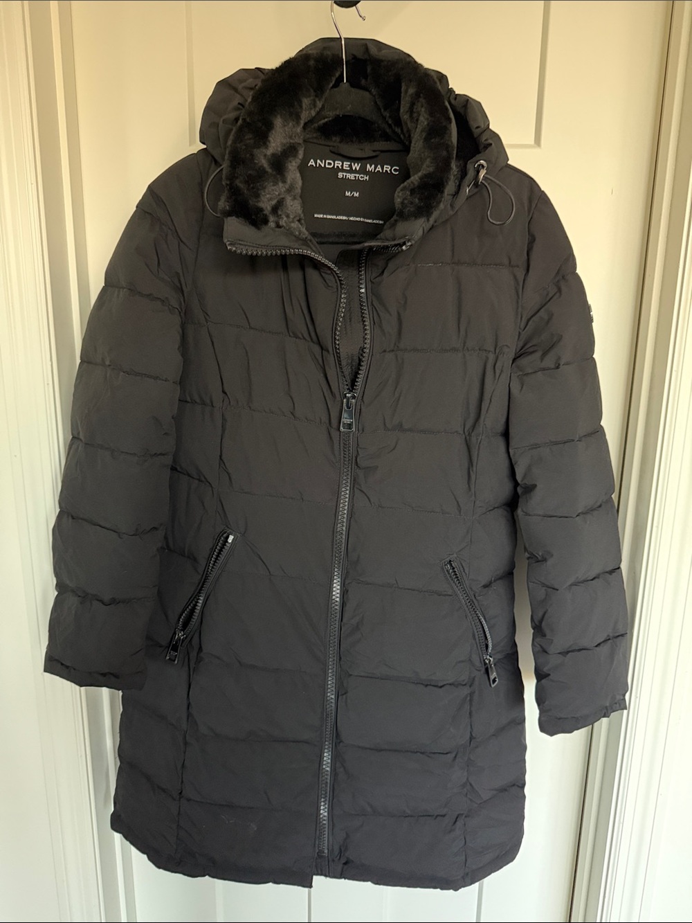 Andrew Marc Black Long Quilted Hooded Puffer with Faux-Fur Trim